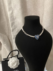 Chanel coração azul pérola strass colar-3594  