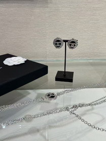 Celine preto oval botão prata completo diamante duplo C brincos-3900  