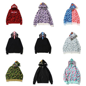 BAPE colorblock tubarão fluorescente série com capuz suéter jaqueta-4244  