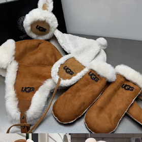 UGG novo Lei Feng-estilo chapéu de ciclismo e luvas conjunto feito com pele de peluche falso forro-5171  