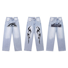 Hellstar casual solto reta-perna impressa lavado jeans-5281  