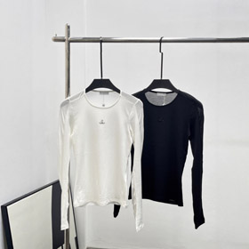 Chanel novo design de letra adornado com diamantes versátil camiseta de manga longa slim-fit-5303  