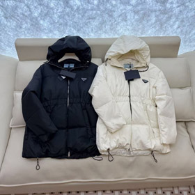 Prada novo zip-up casaco com capuz para baixo com cintura elástica à prova de vento e quente-5353  