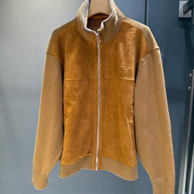 Miu Miu nova chegada: painéis de manga de malha, zip-up, stand-collar casual jacket-5370  