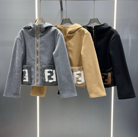 Fendi nova mistura de lã zip-up com capuz jaqueta curta-5378  