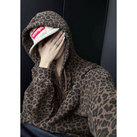 Supremo leopardo impressão com capuz zip-up sweater-5898  