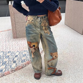 Acne Studios 1981 Urso de peluche 3D impressão Wide-Leg Jeans-5928  